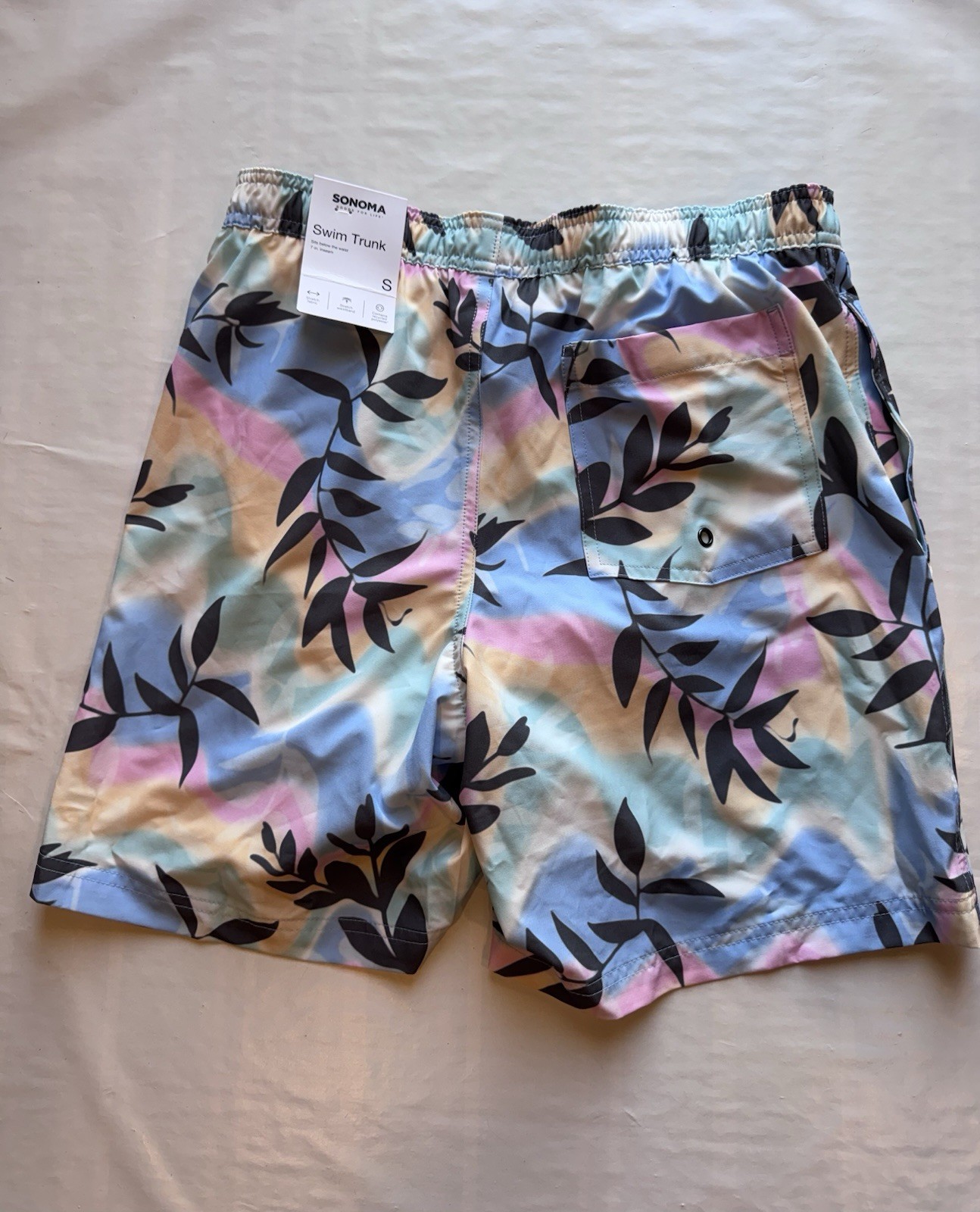 Sonoma Men’s Swim Trunks – Floral Multicolor – Small – Drawstring Pockets Beach