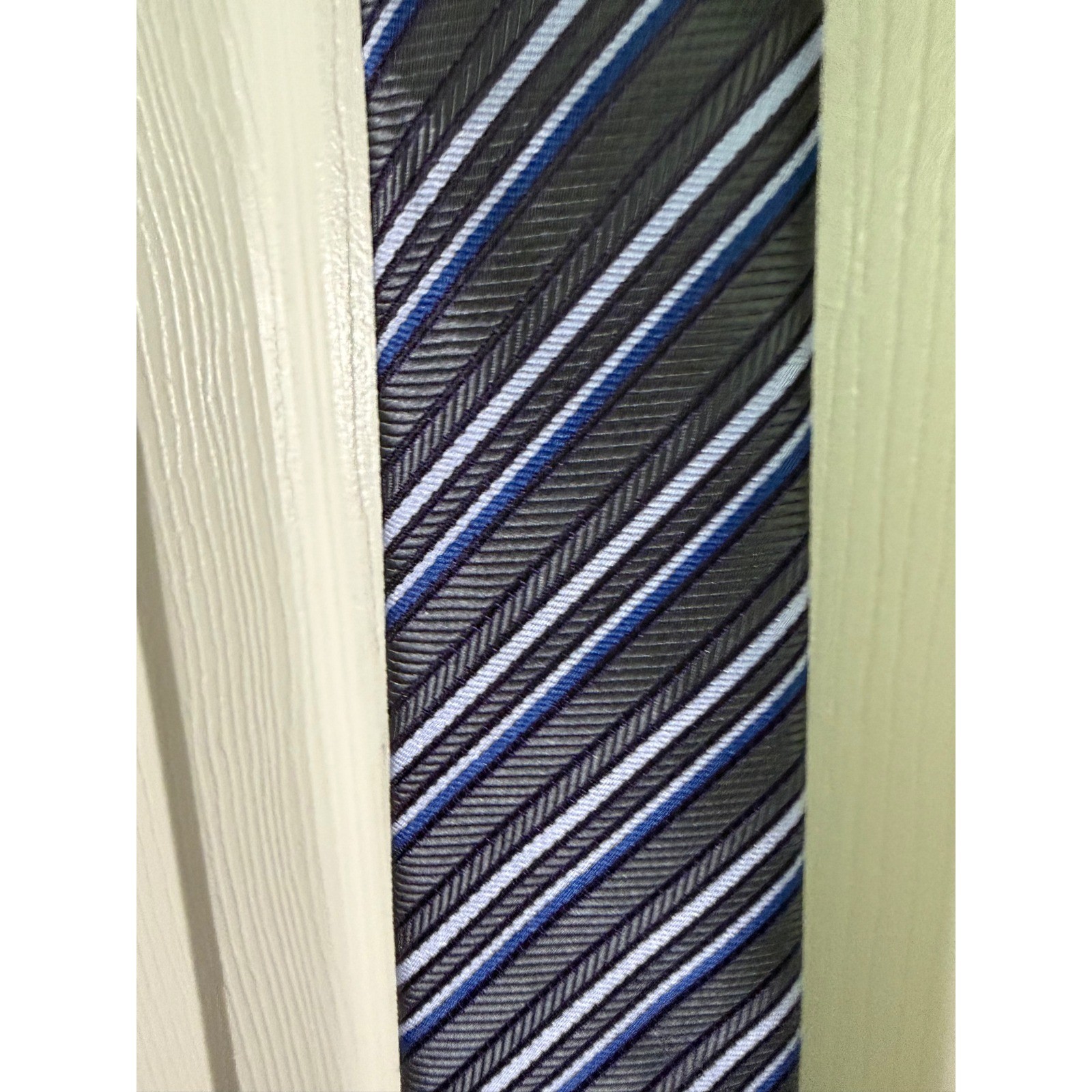 WeiShang Mens Silk Tie Grey Navy Light Blue Diagonal Striped Herringbone Texture