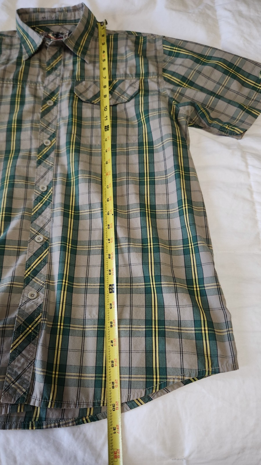 Mossy Oak Men’s L Plaid Cotton Button-Up Shirt Green Yellow Beige Short Sleeve