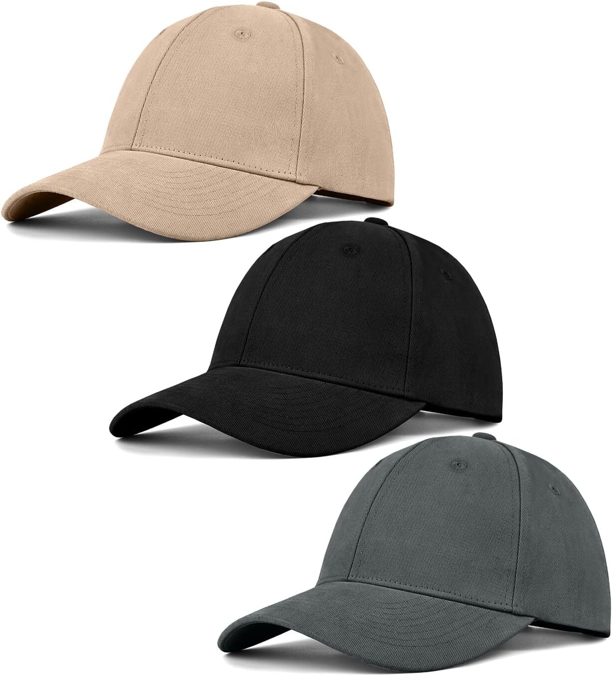 3 Pack Unisex Cotton Baseball Cap Adjustable One Size, Black+grey+khaki