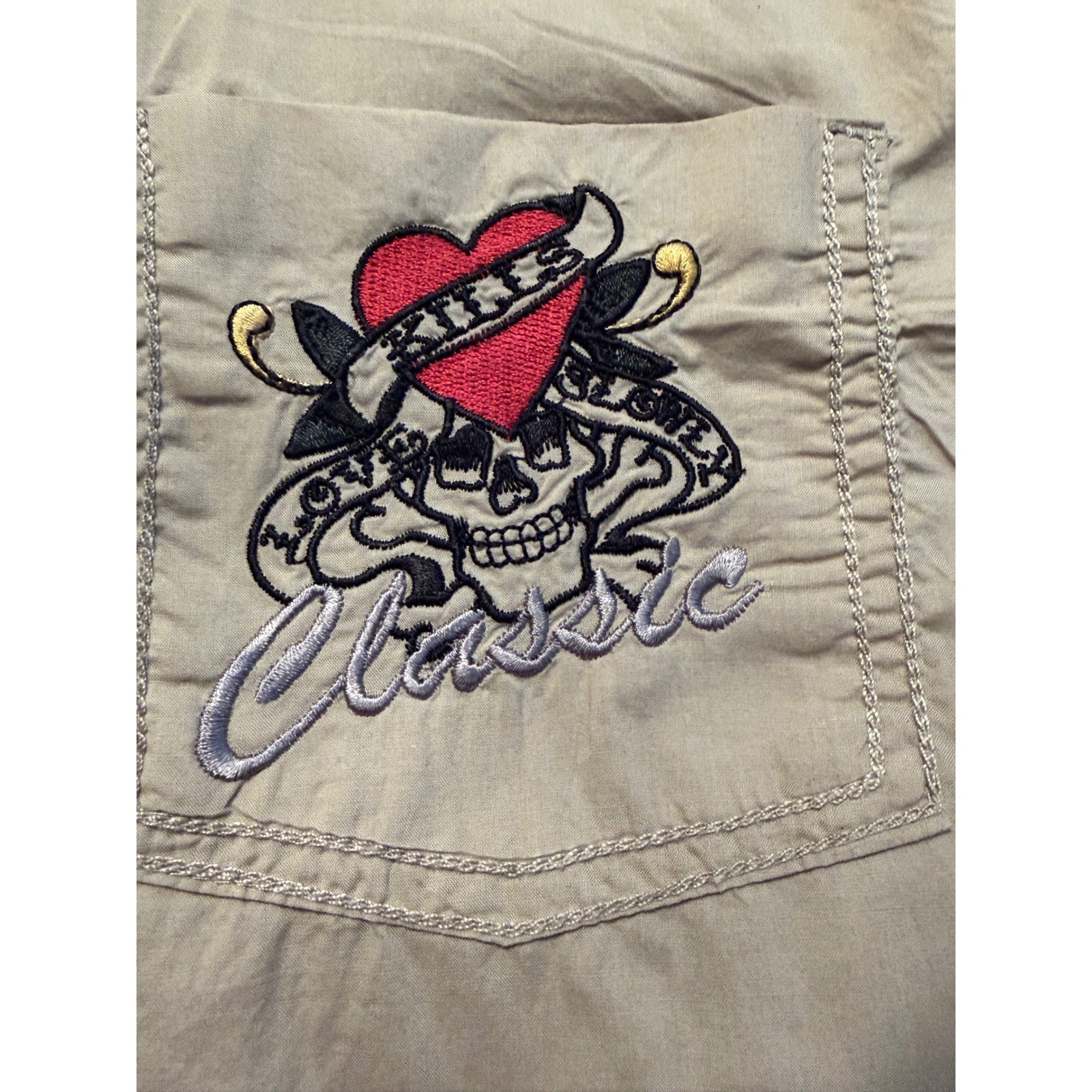 Ed Hardy Mens Tan Short Sleeve Button Down Shirt Love Kills Slowly Skull XL