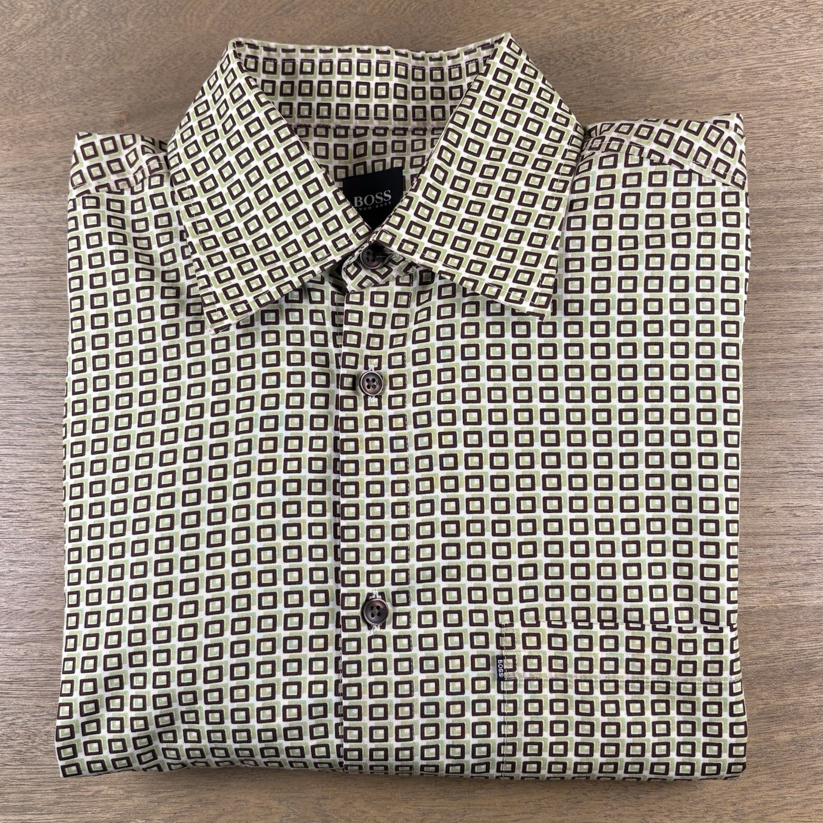 Hugo Boss Dress Shirt Mens Medium M Abstract Geo AOP Check Pattern L/S Button Up