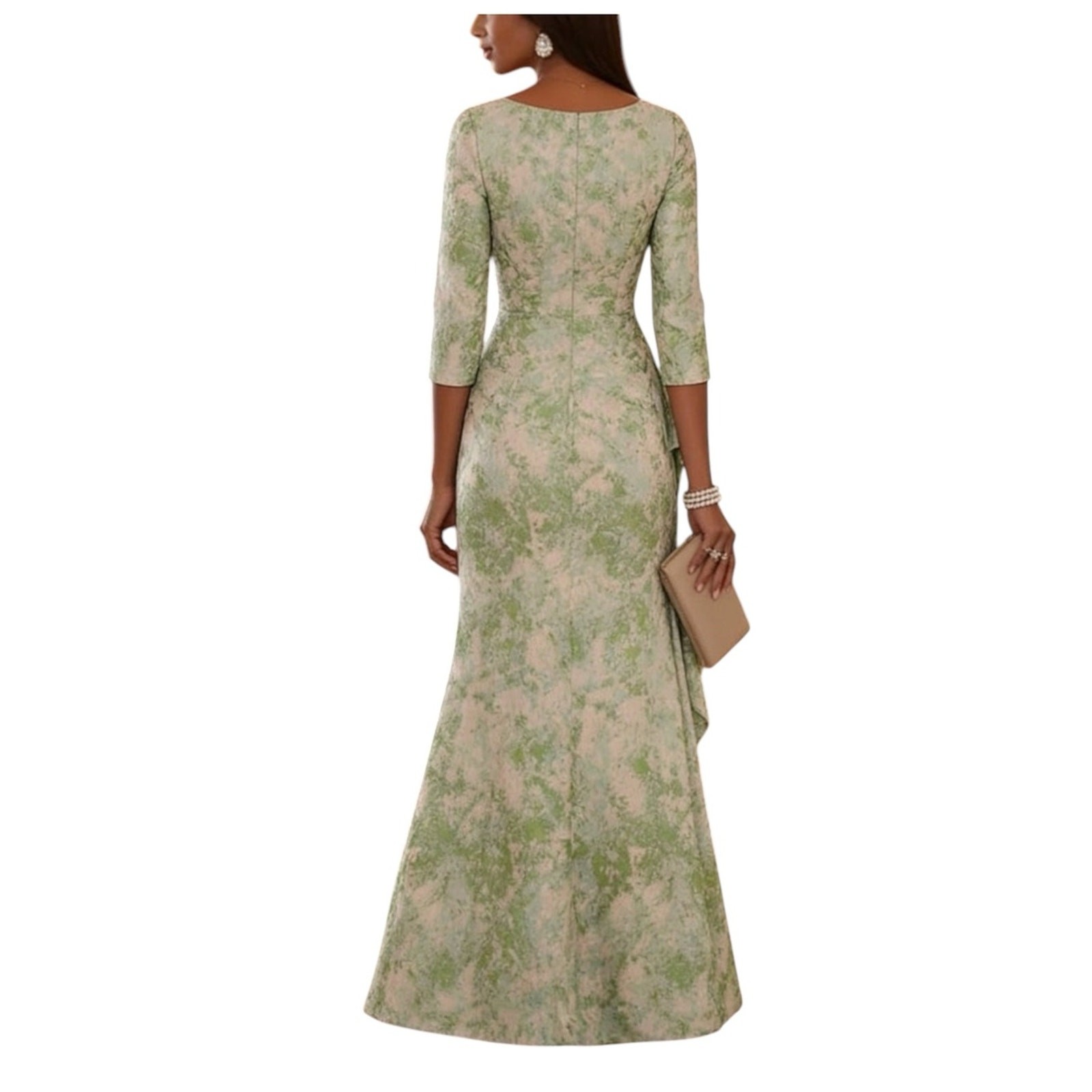 NWT Elegant Mother of the Bride Jacquard 3/4 Sleeve Formal Evening Gown Green 4