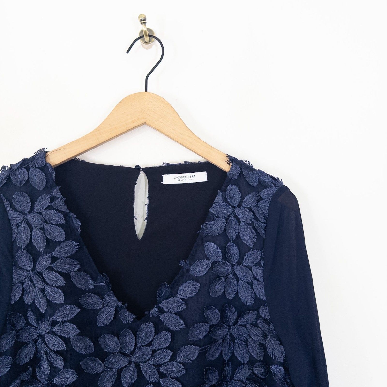 Jacques Vert Navy Floral Applique Blouse Size 14 Wide Sleeve Chiffon Top