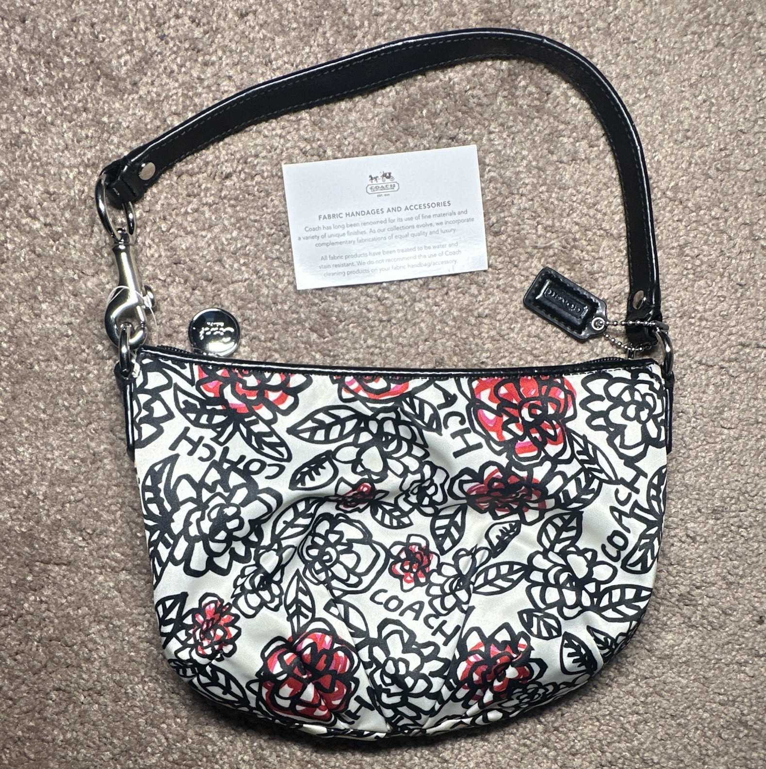 Coach Poppy Graffiti Floral Print Satin Shoulder Bag Zip Bag w/ Pink Lining