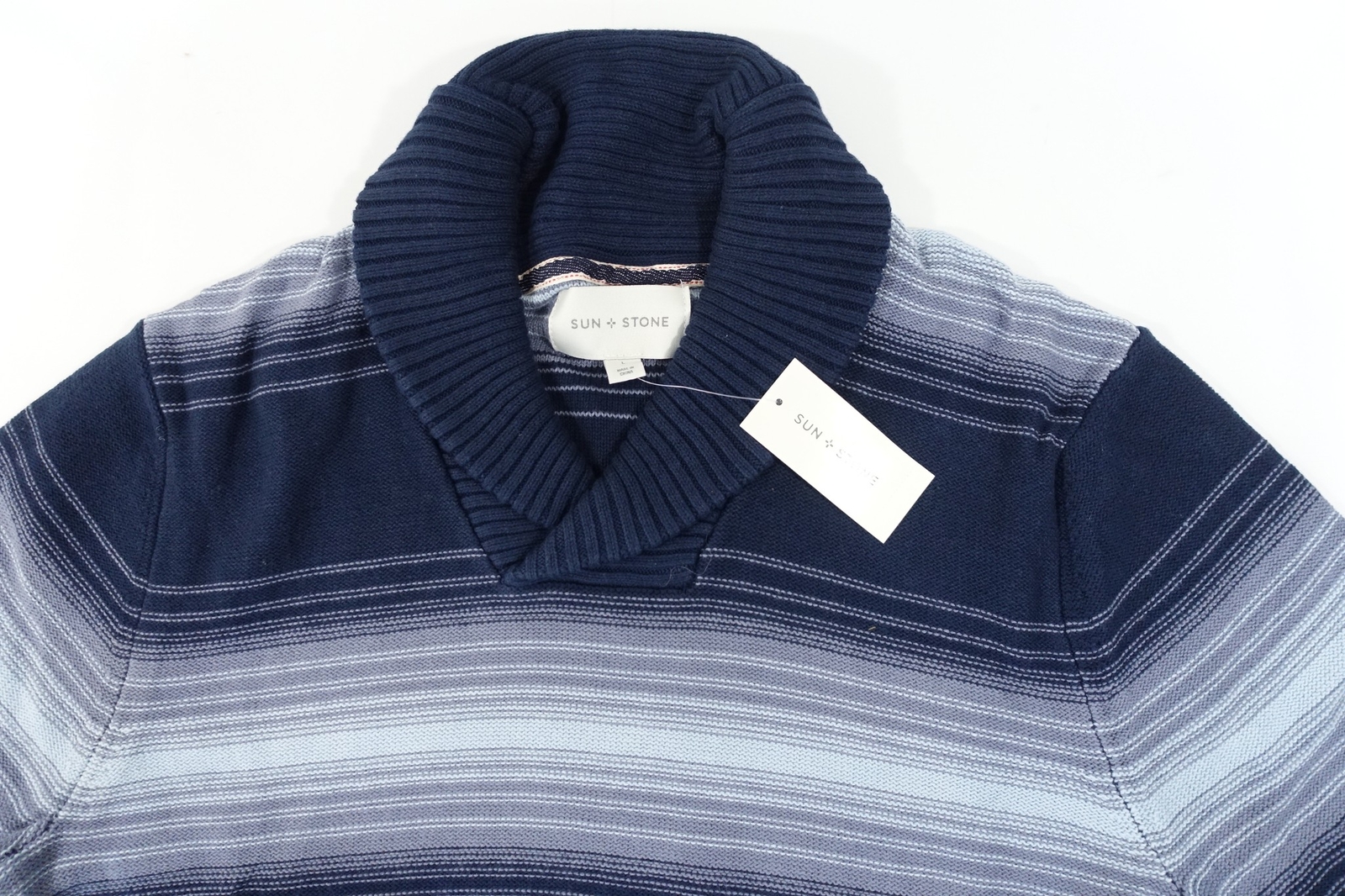 SUN STONE STRIPED NAVY BLUE LARGE HEAVY KNIT SHAWL NECK SWEATER MENS NEW
