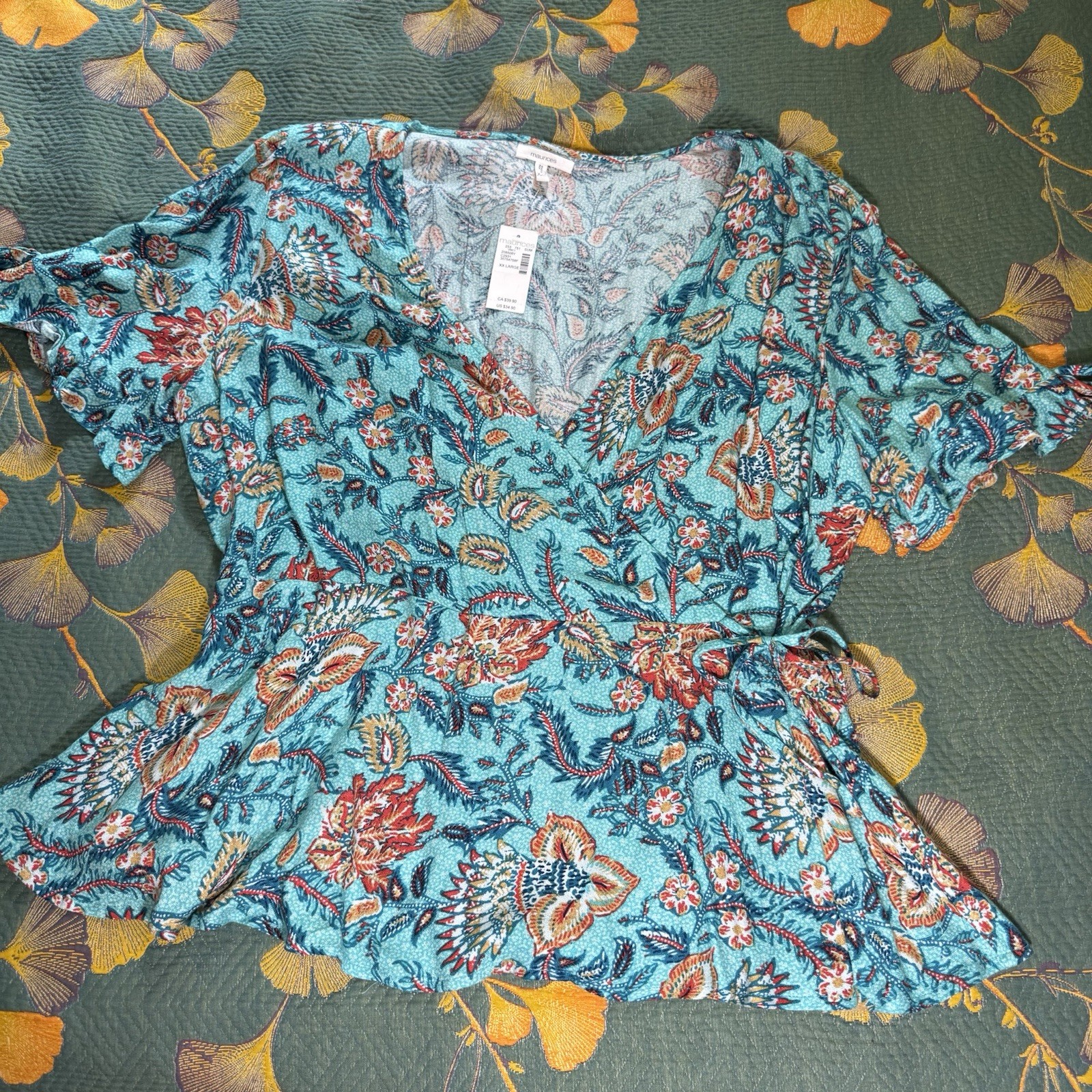 Maurices Floral Wrap Tie Peplum Top V-neck Blouse Teal Paisley Cottage 2X Boho