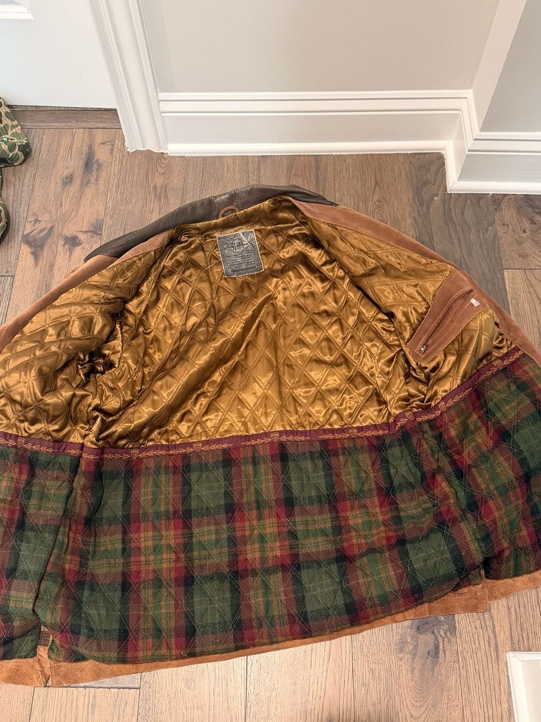 Slim John Vintage Brown Suede Leather Coat Jacket Plaid Quilted Lining