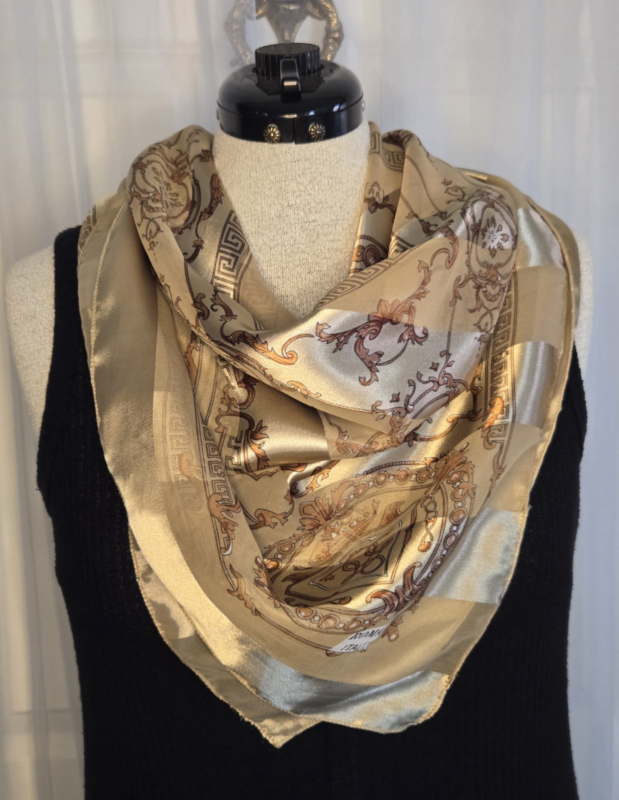 Vintage Scarf Gold Tan & Brown Design Striped Satin Roma Italy 40 X 40 Square