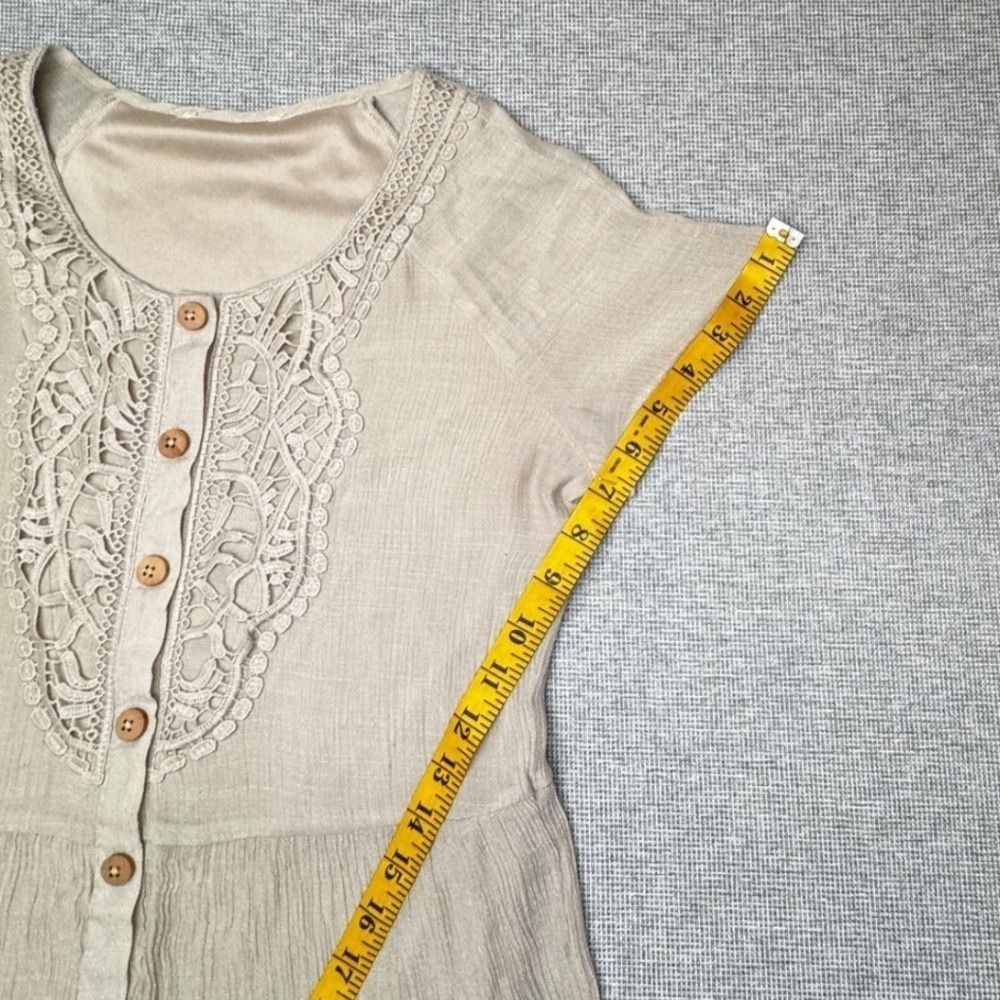 Indigo Rose Size M Beige Linen Mini Dress Button Front Lace Yoke Crochet Insert
