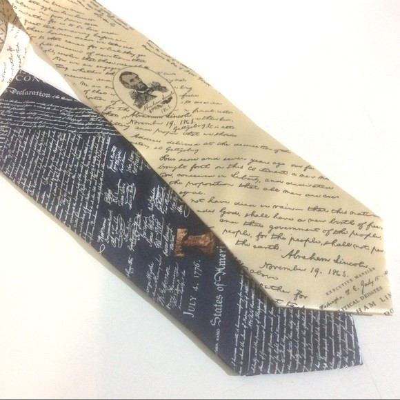 2 Museum Artifacts 100% Silk Tie Liberty Independence Lincoln Address Necktie