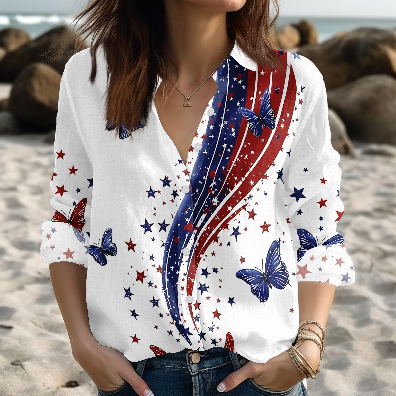 Patriotic USA Butterfly Blouse 4th of July Red White Blue Stars Shirt Gift