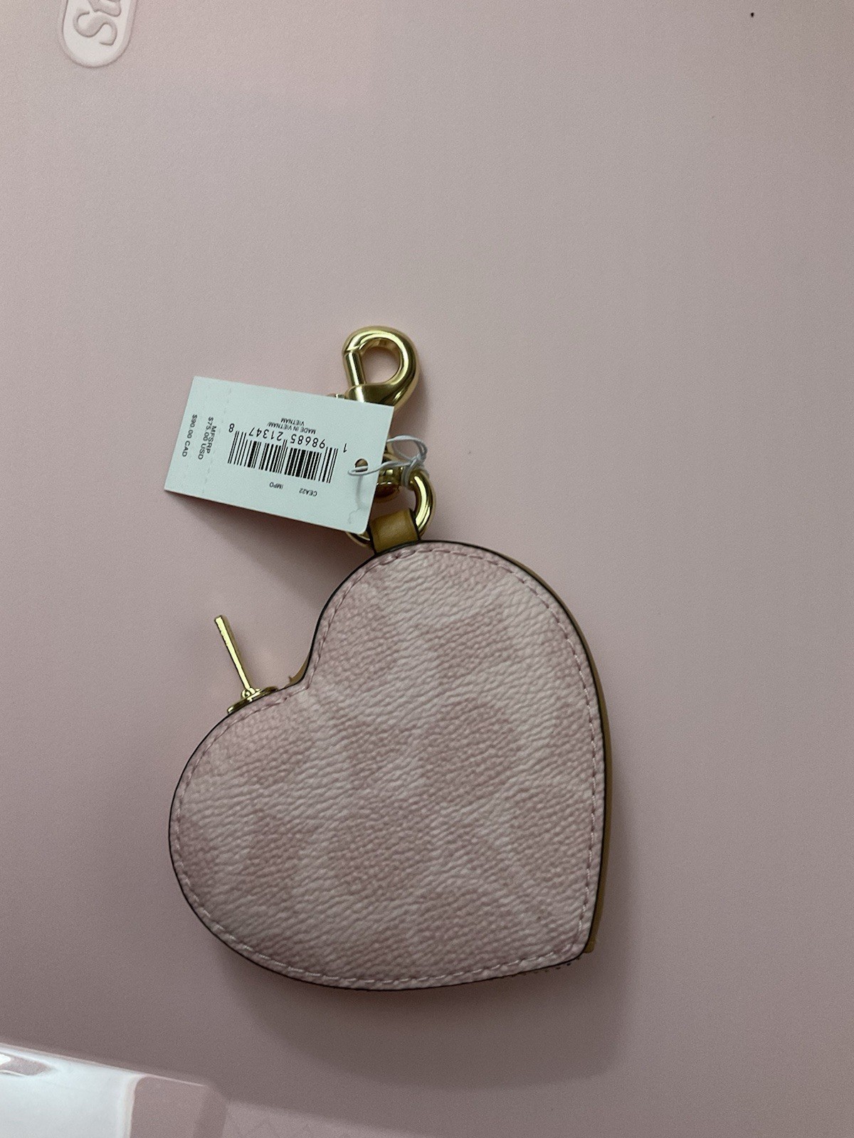 Coach Heart Bag Charm In Signature Canvas CEA22 Gold/Powder Pink NWT