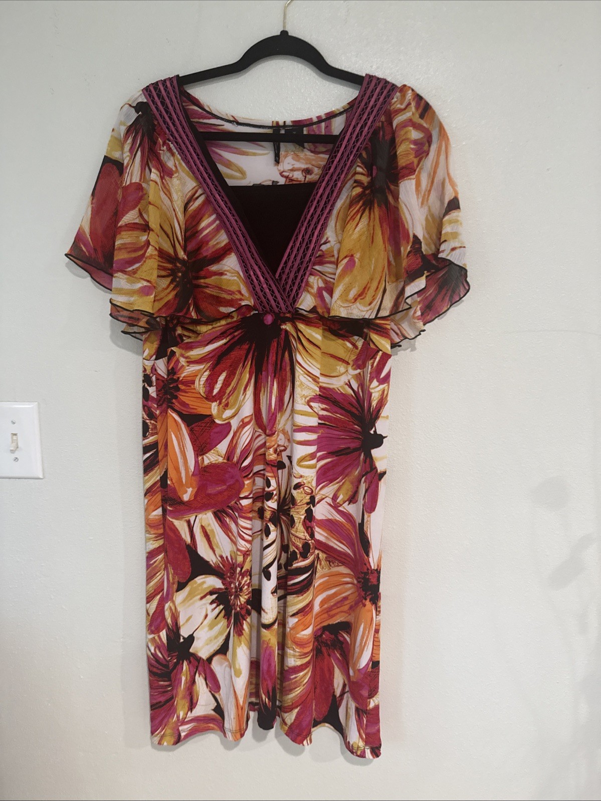 New Directions Babydoll Dress Womens 1X Pink Tropical Floral Flowy Embroidered
