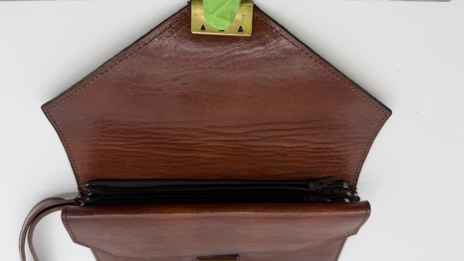Vintage Brown Leather Envelope Wristlet Clutch Brass Push Lock Triple Zip