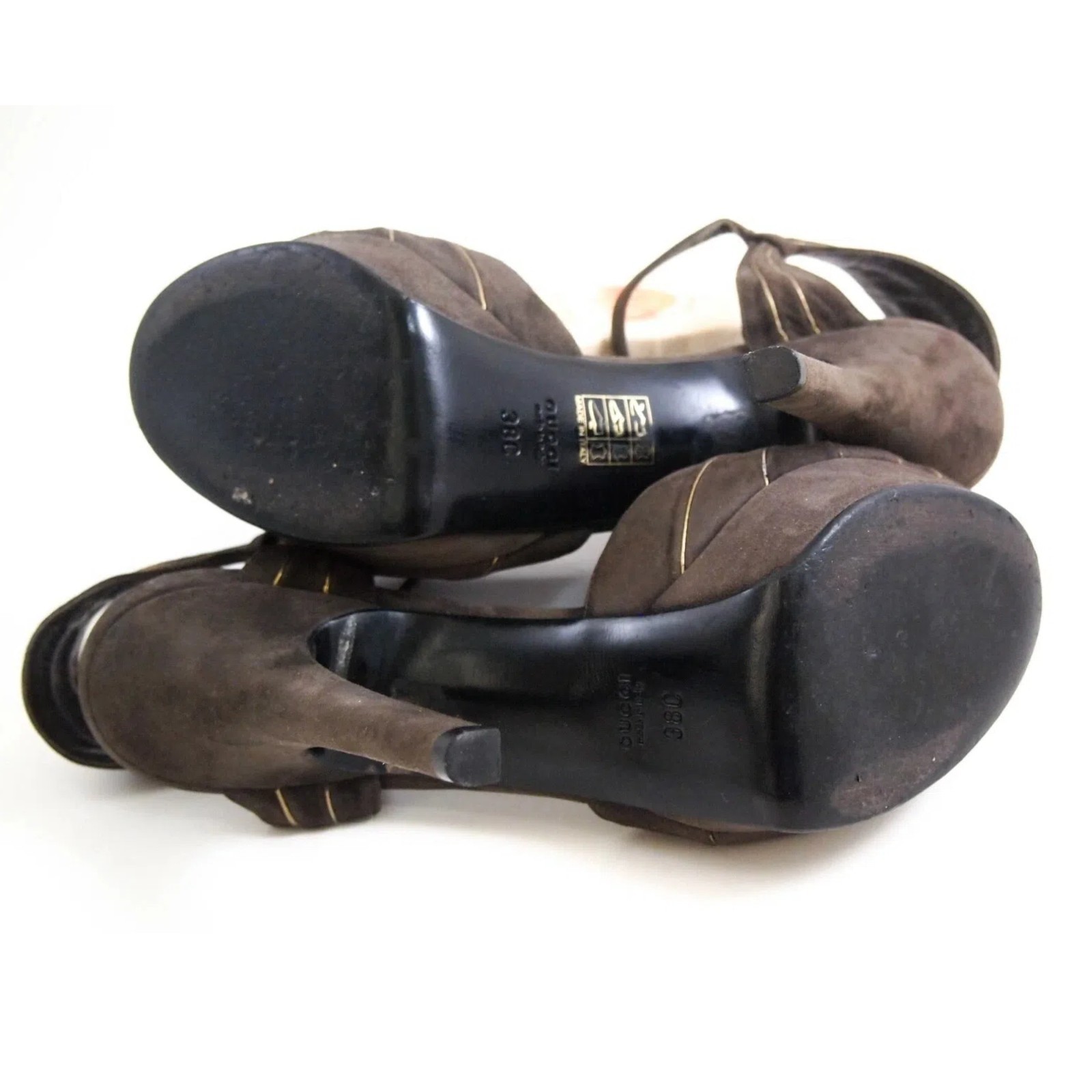 Gucci Tom Ford Era Heels 38 Brown Suede Gold Knot Platform Sandals US 8