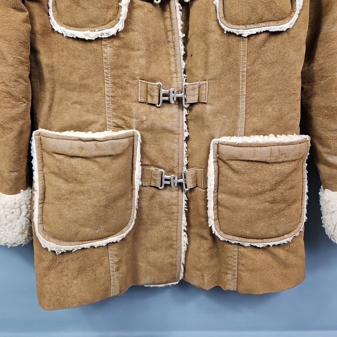 Vtg Curly Top Sheepskin Style Shearling 4 Pocket Lined Clasp Jacket Size 7/8
