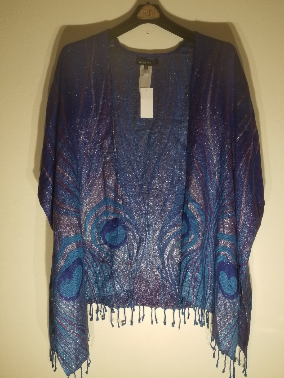 Colleen Lopez Open Front Poncho Sleeve Sparkle Cardi Tassels Size XL Multi Color