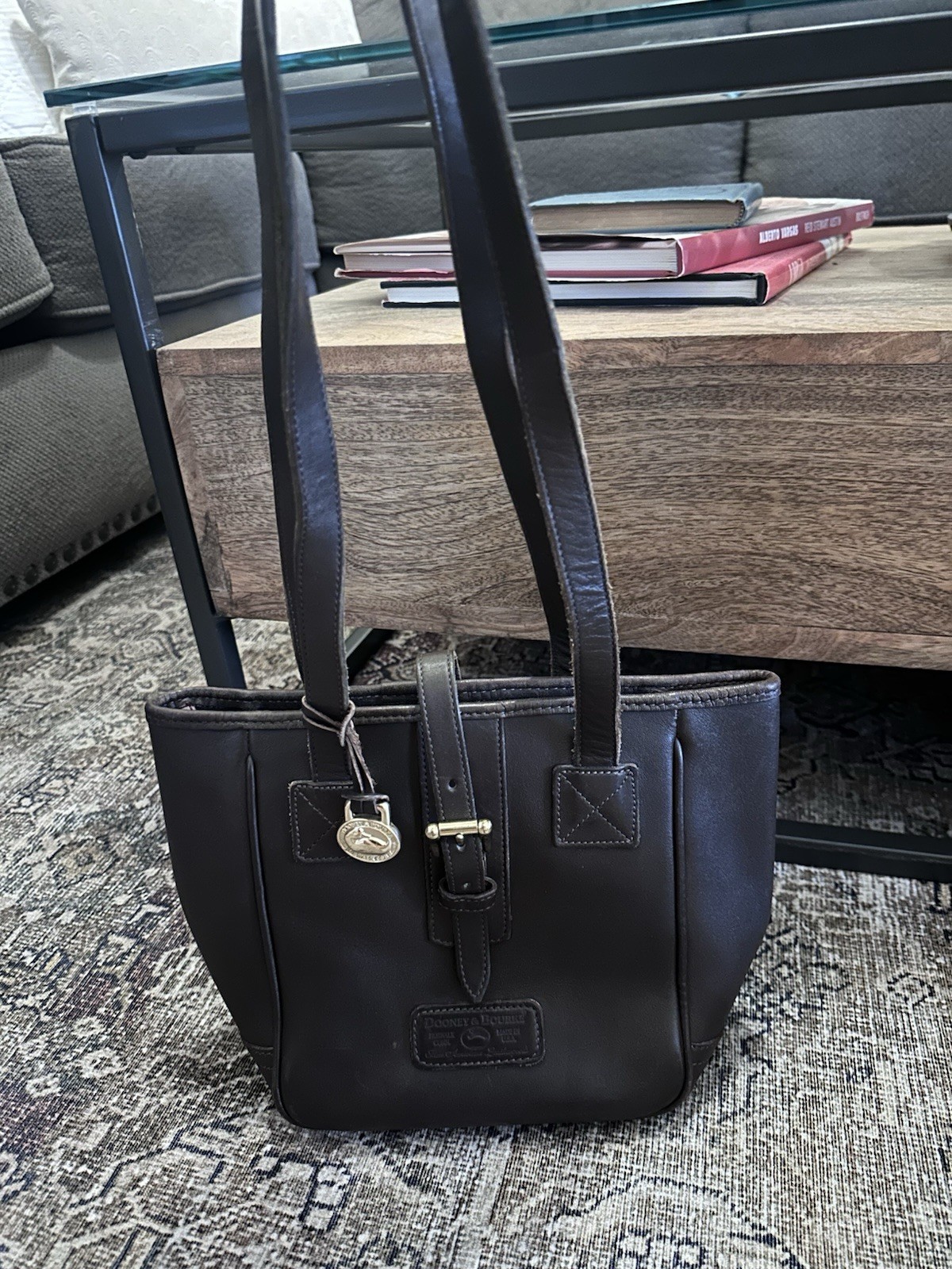 Dooney & Bourke Brown Shoulder Bag Logo Charm Buckle Accent Bottom Studs