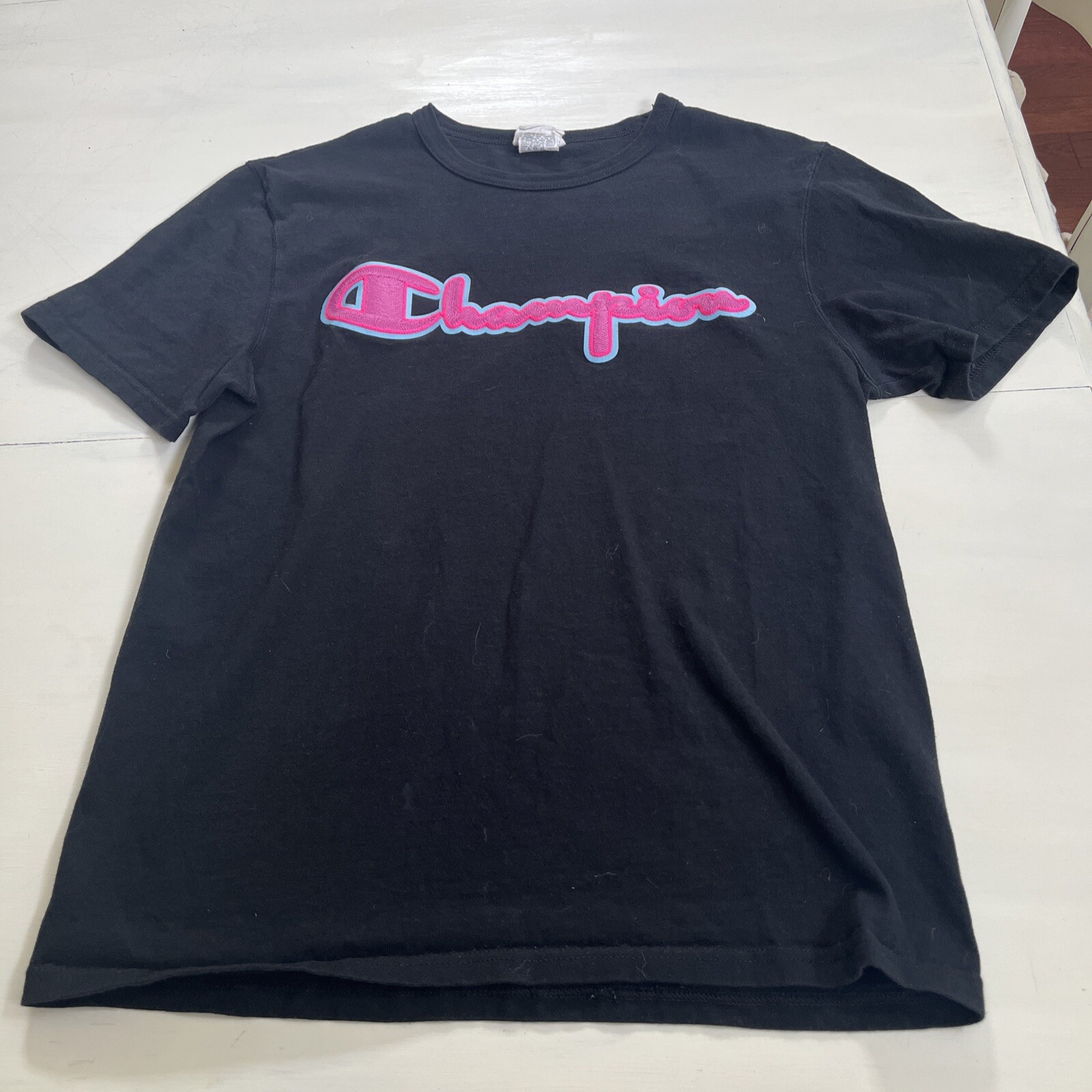 Vintage Black Neon Logo Champion T Shirt Embroidered Medium, Pink/Blue On Black
