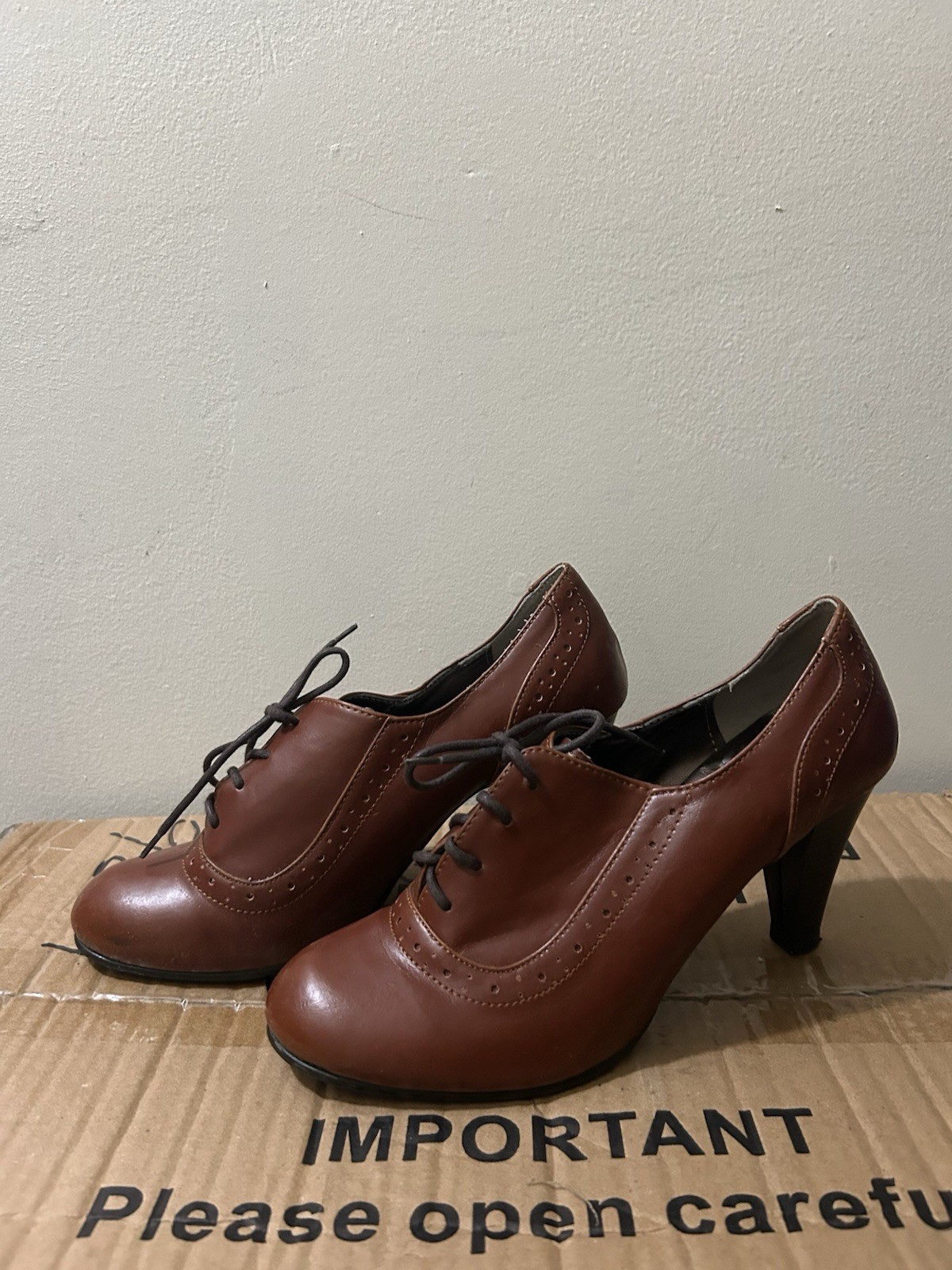 GGAMANG Korea Brown Faux Leather Oxford Heels Lace Up Brogue Shoes US 6.5