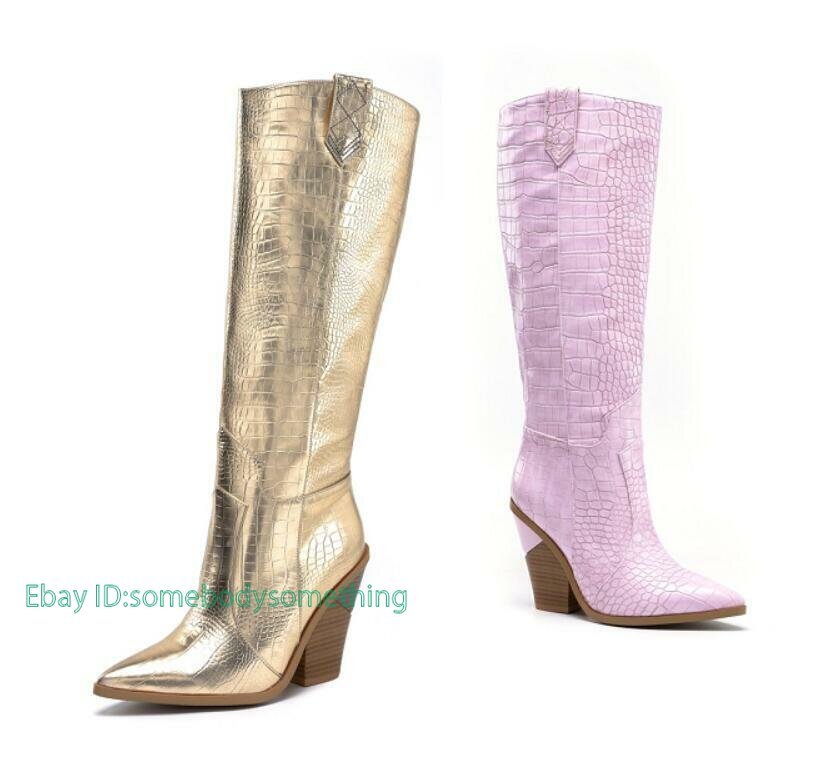 Women Pointy Toe Block Heel Cowboy Knee High Boots Pull On Outdoor Casual Shoes