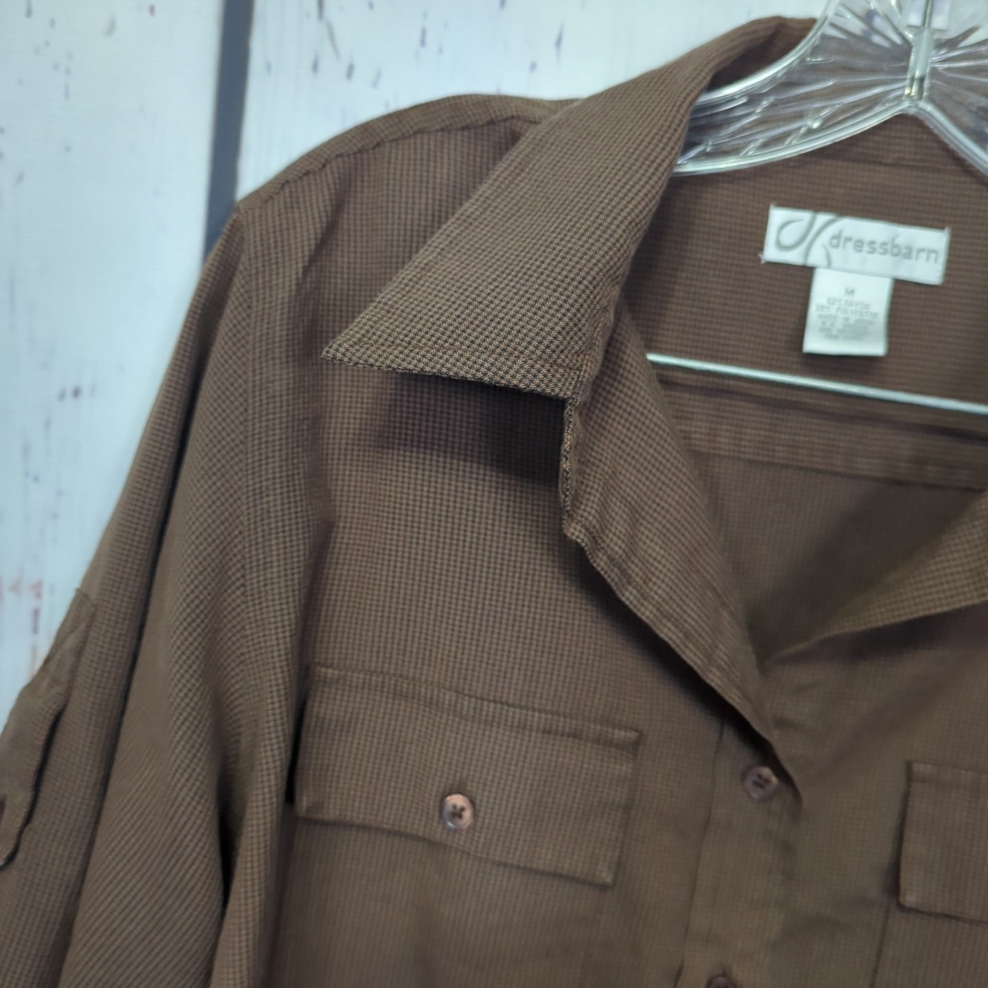 Dress Barn Collared Top Size M Brown Padded Shoulders Button Up EUC! [PT20]