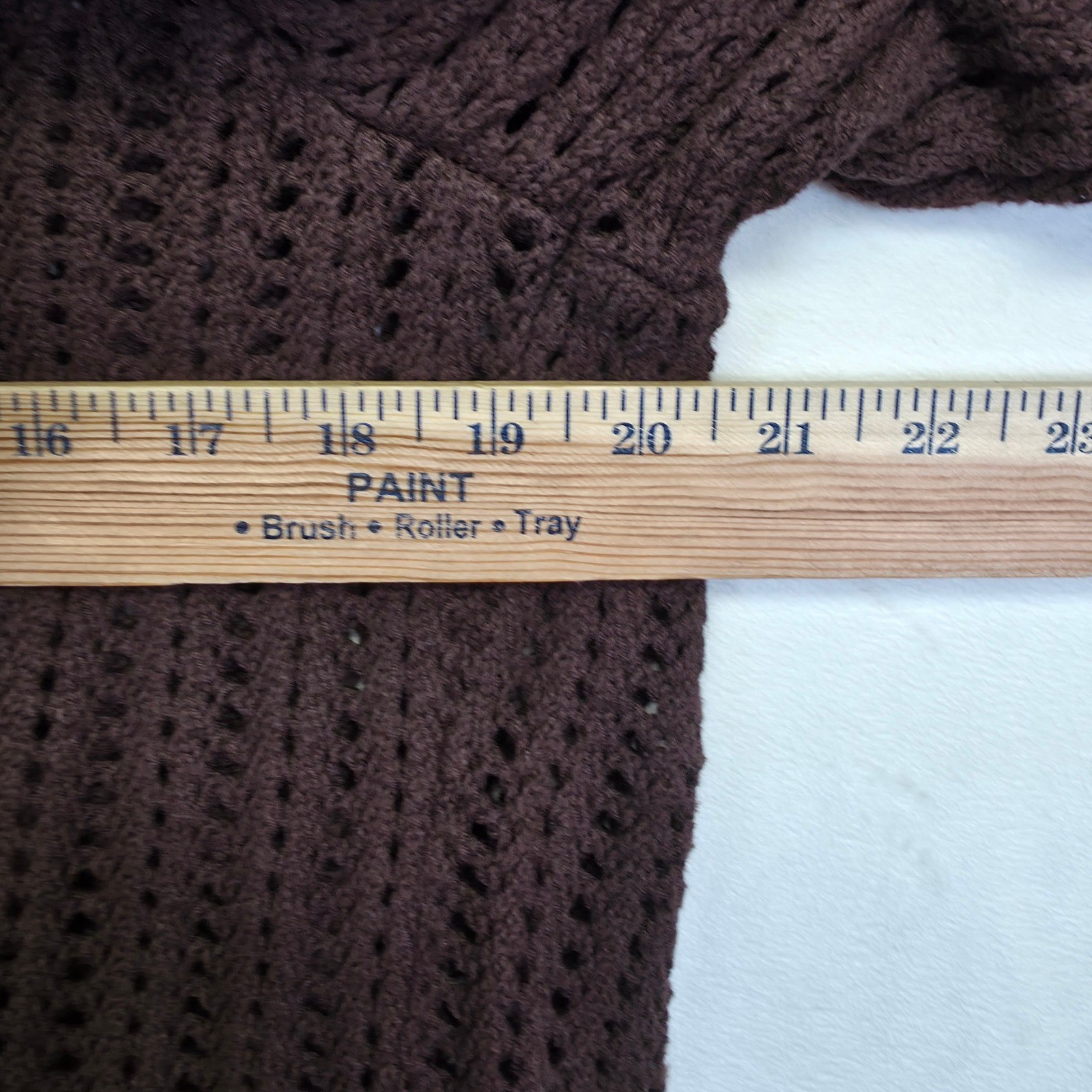 Crochet Knit Cardigan Womens L Brown Open Ruffle Ribbed Layering Lounge Sweater