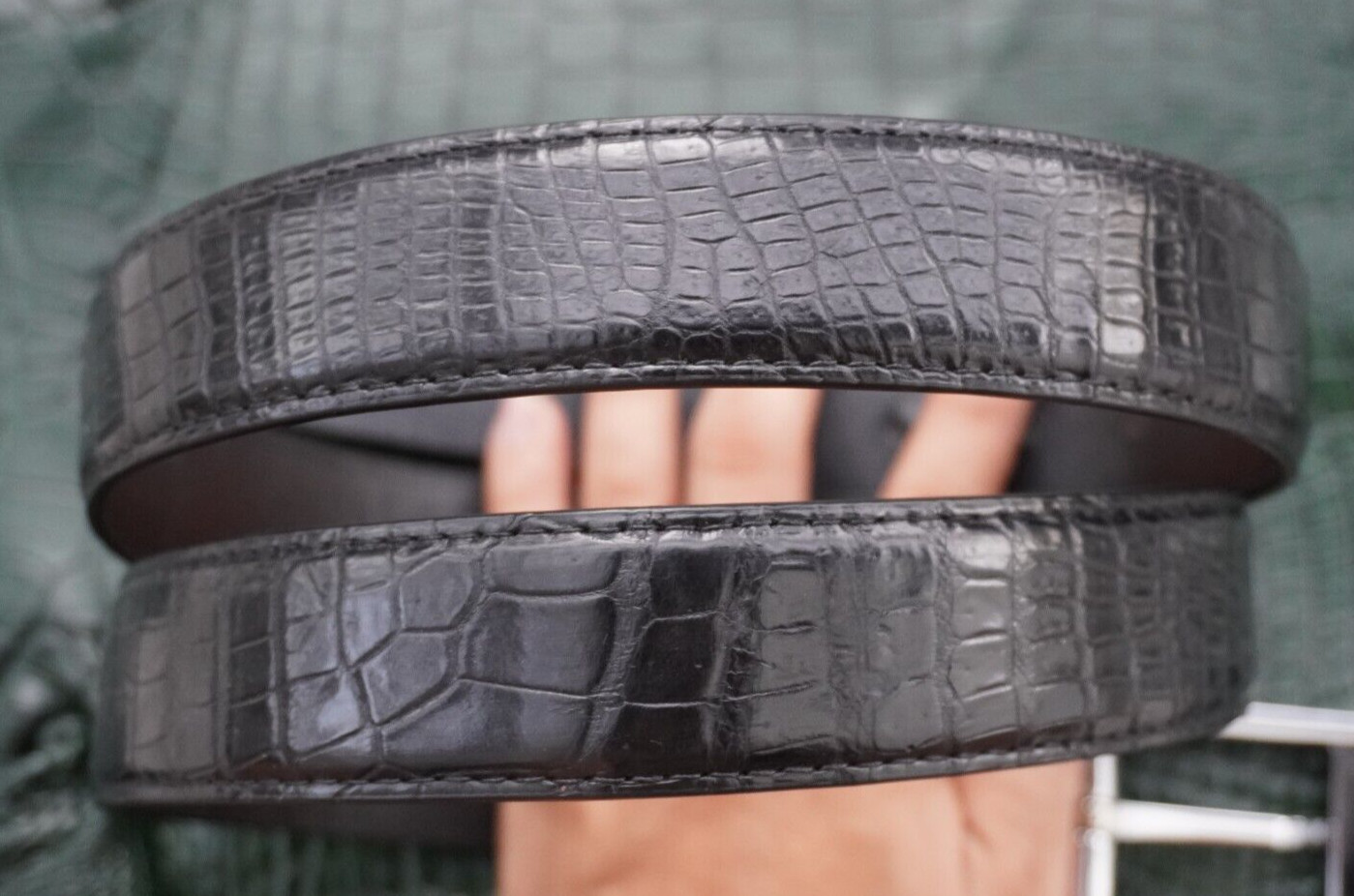 W1.3 inch Black Genuine Crocodile Belly Leather Skin Men’s Belt Pin Buckle #J03