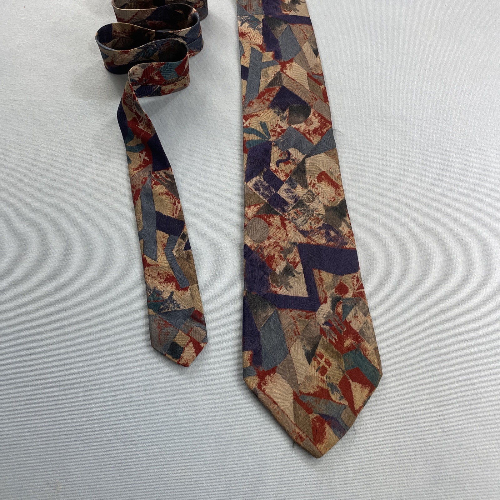 Rubinacci Silk Neck Tie MCM Mod Abstract Art Splat Brown Red Blue vtg 4×59 Wear