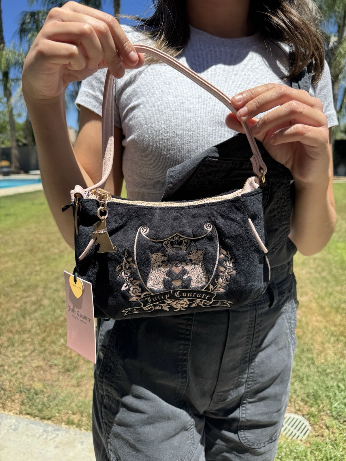 Juicy Couture Black & Pink Logo Print Small Shoulder Bag w/ Charm, Zip