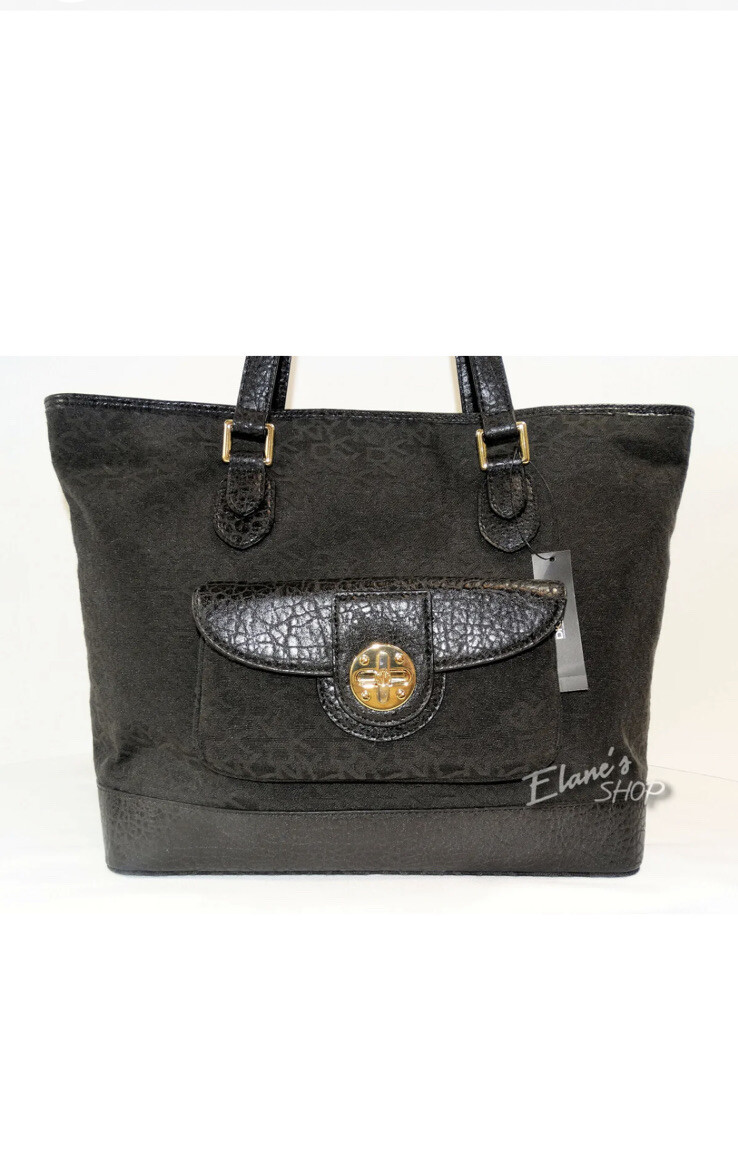DKNY Authentic Signature t&c w/CIRCLE TURN-LOCK Black Tote HANDBAG NWT