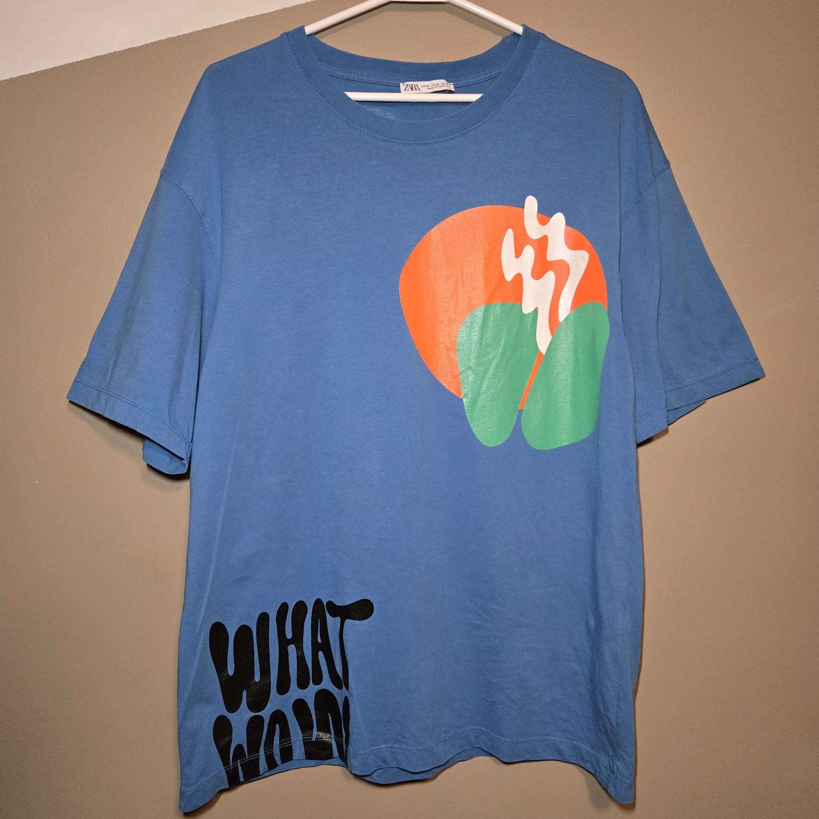 Zara Men’s Blue Graphic Print Tshirt Made In Portugal Size XL 100% Cotton Color