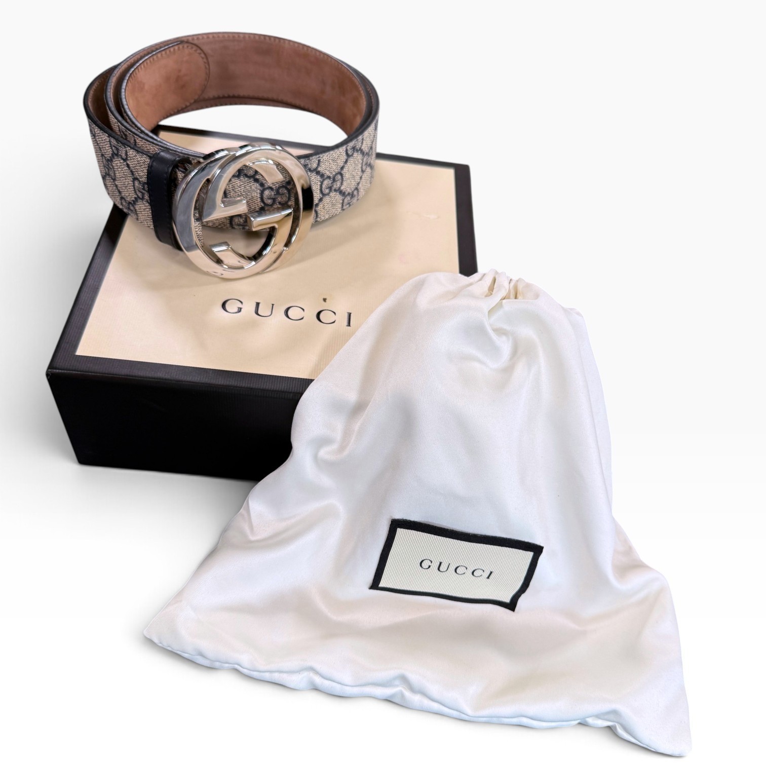 GUCCI GG Supreme Belt Interlocking G Buckle Mens Beige Ebony 90-36 Authentic