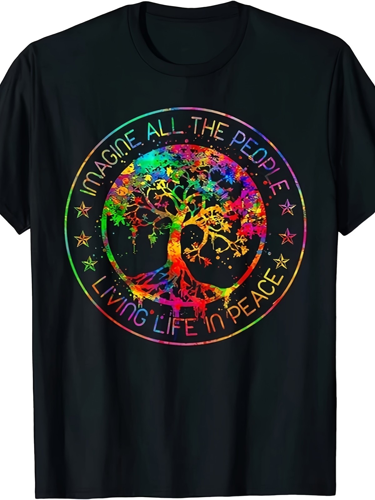 Colorful Wishing Tree Patterned T-Shirt, Cotton Round Neck Short Sleeve for Men