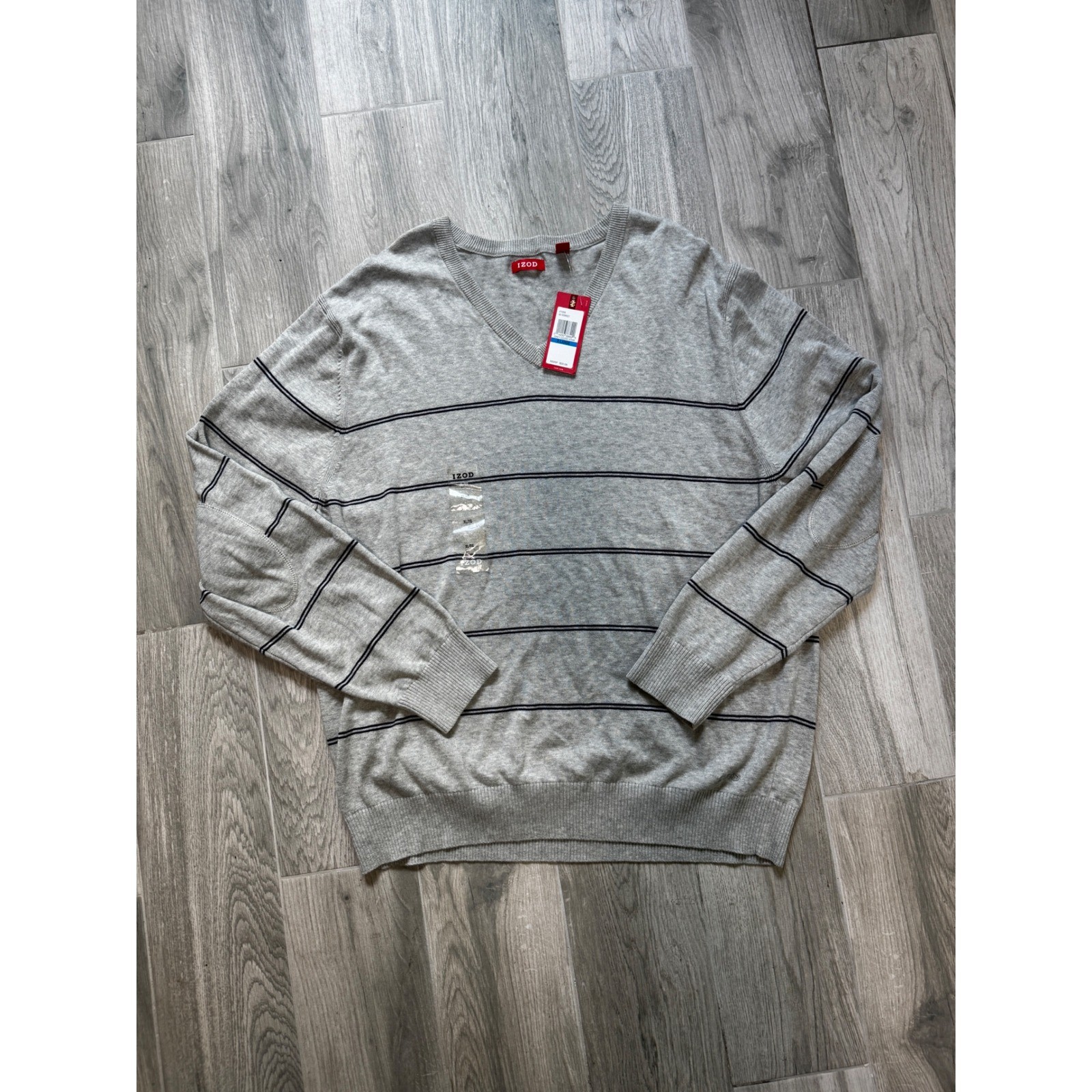 IZOD Mens VNeck Sweater XL Grey Goose Heather Striped Elbow Patch NWT 451S006021