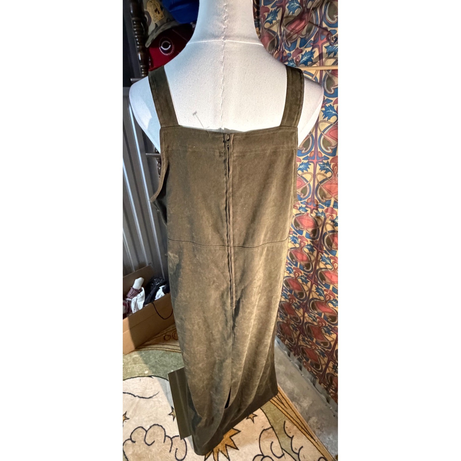 Kathy Ireland Olive Green Faux Suede Pinafore Maxi Dress Womens Medium Vintage