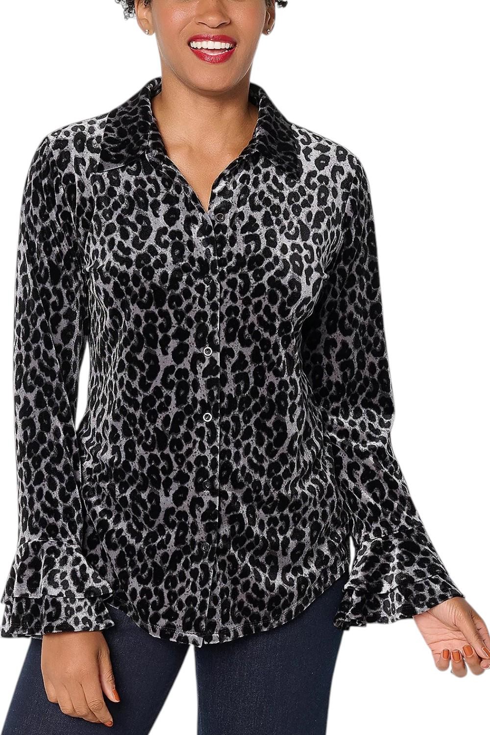 Dennis Basso Women’s Velvet Button Front Shirt Grey