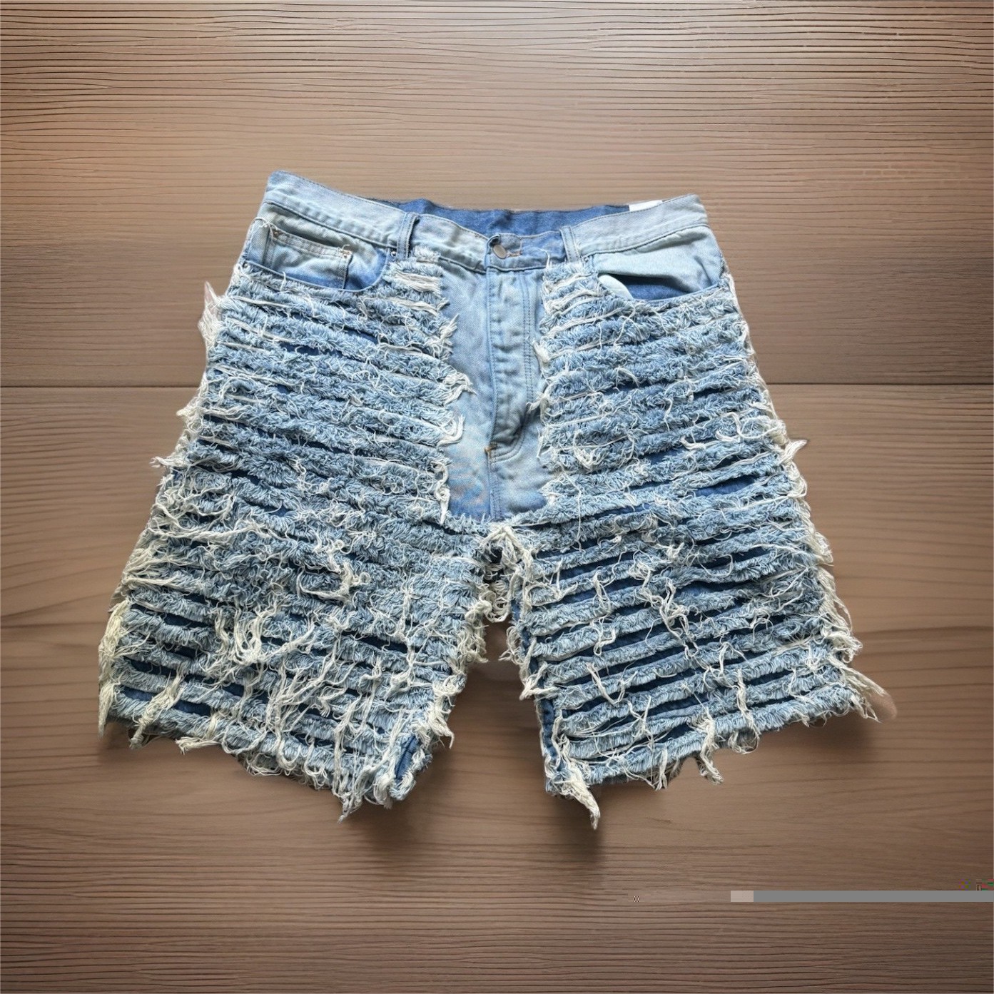 mnml Light Wash Distressed Fringe Denim Cutoff Shorts Pockets Waise 36