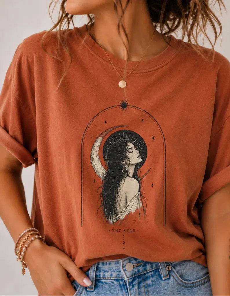 The Star Tarot Shirt Vintage Celestial Woman Tee Minimal Mystic Graphic Tshirt