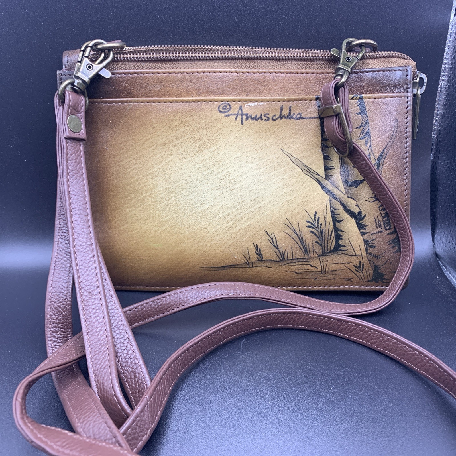 Leather Crossbody Bag Anuschka Lion Tan Bag Remov. Strap Card Slots PLEASE READ