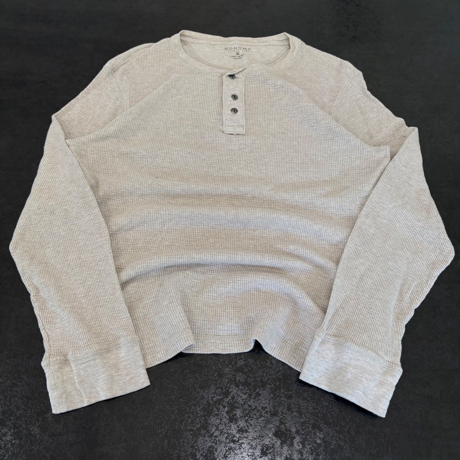 Sonoma Mens Henley Shirt Medium Oatmeal Waffle Knit Thermal Long Sleeve Cotton