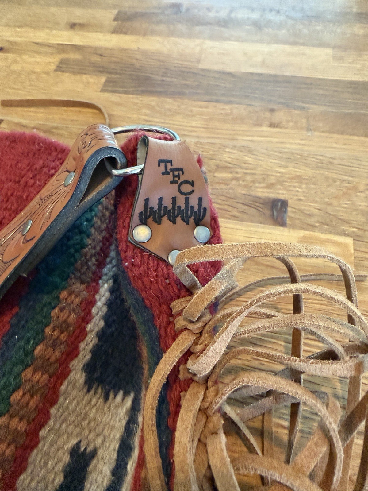 Western Red Multicolor Saddle Blanket Shoulder Bag. Leather Fringe