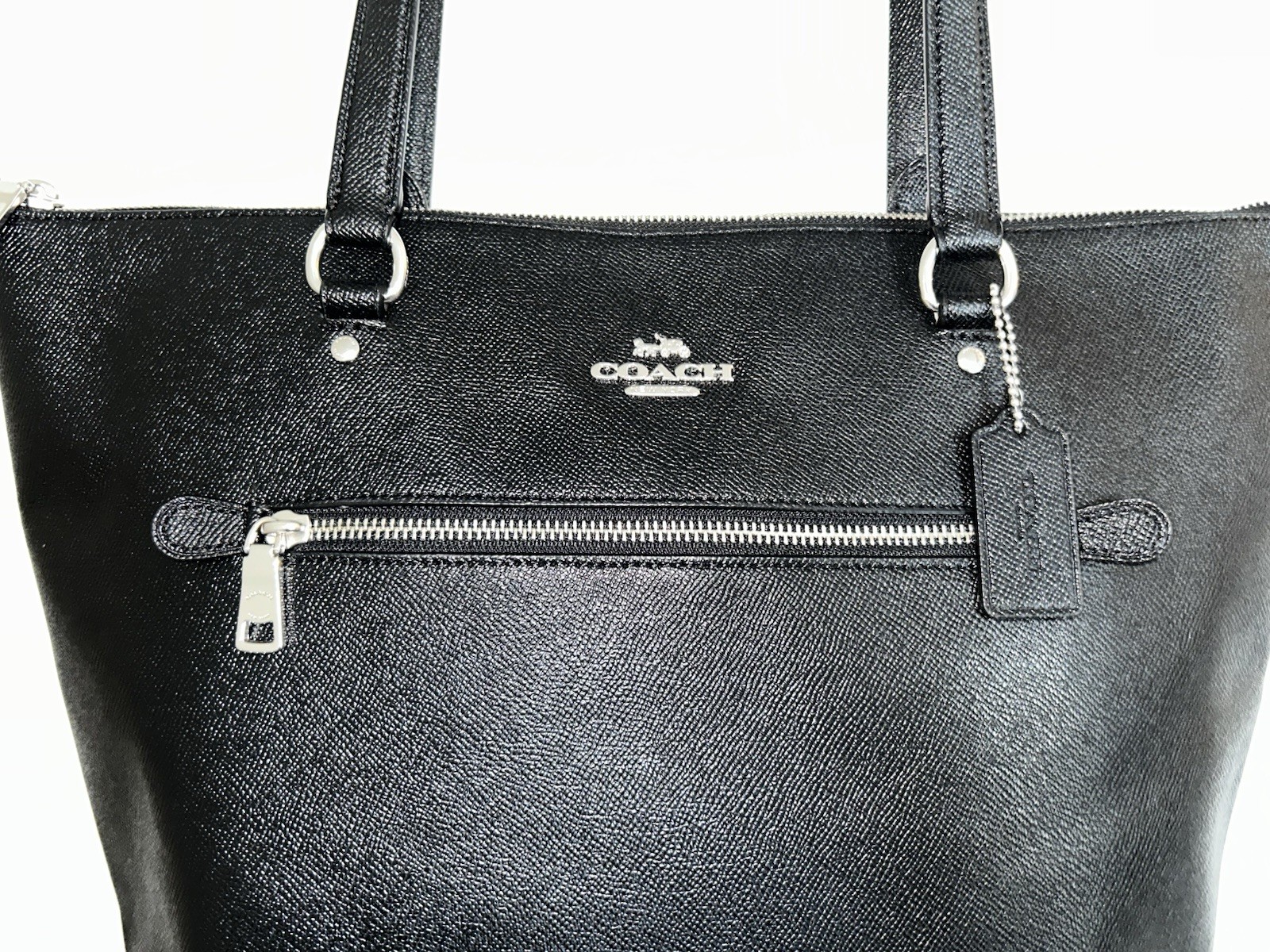 Coach Large Black Crossgrain Leather Silver Zip Closure City Tote EUC