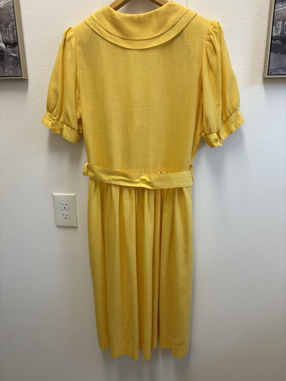 Breli Yellow Linen V-Neck Button Front Belted Puff Sleeve A-Line Dress S