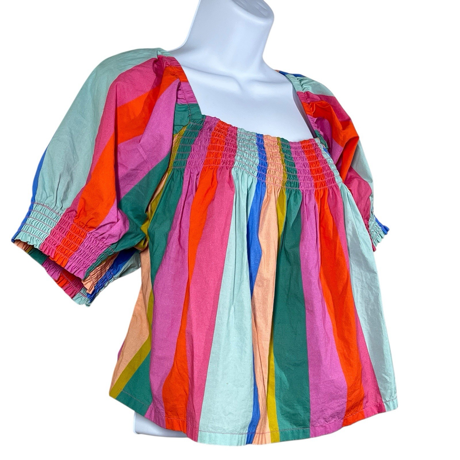 Mille Anthropologie Caro Rainbow Top Womens L 100% Cotton Smocking Crop Swing