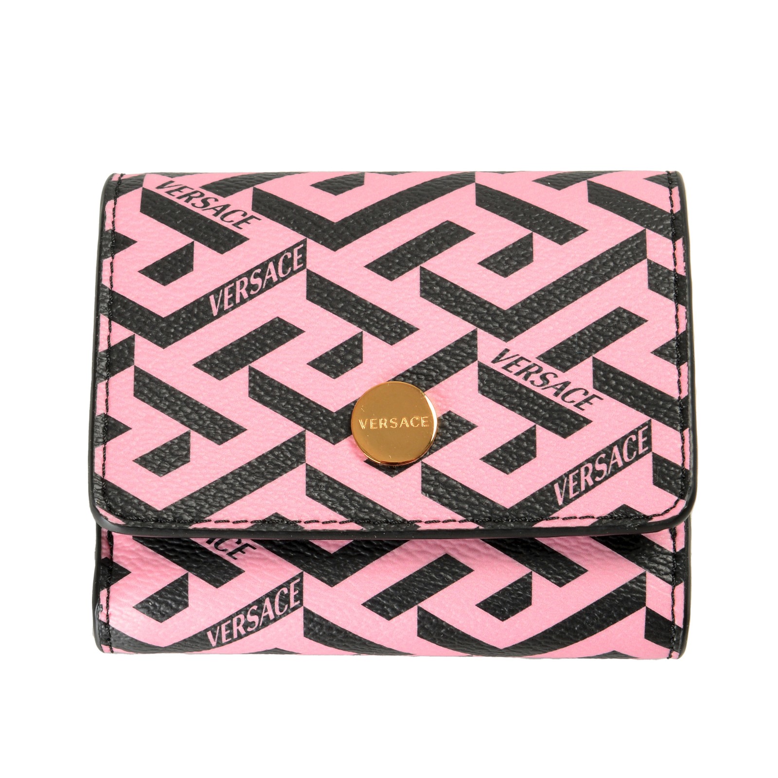 Versace Mens “La Greca” Coated Canvas & Leather Logo Print Bifold Wallet