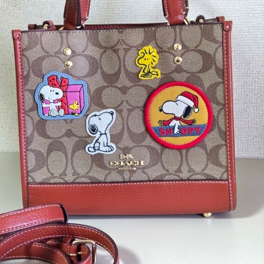 COACH Peanuts Collaboration Snoopy Tote Bag 2Way Handbag Patchwork