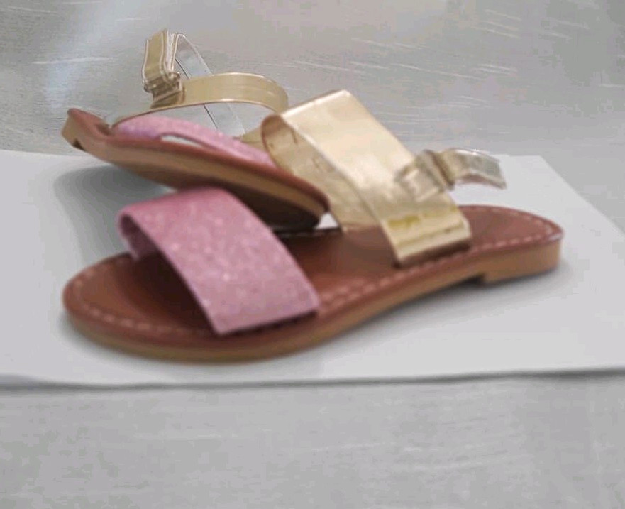 Girls Pink Gold Glitter Strappy Hook & Loop Flat Open Toe Casual Sandals Sz 10