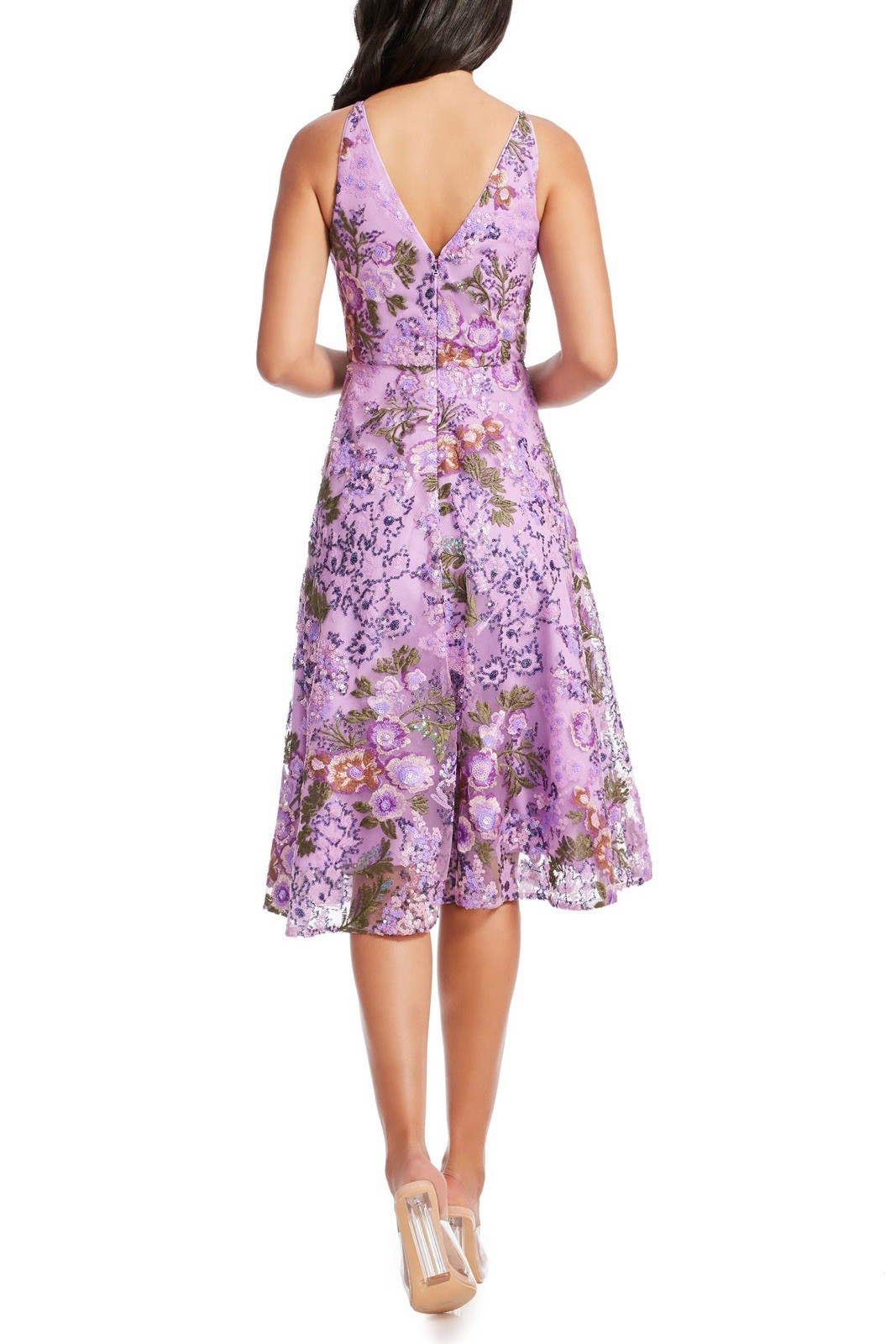 Dress the Population Purple Floral Sequin Embroidered Mesh V-Neck Midi XS